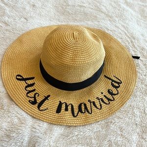 CC Exclusives Just Married Wide Brim Straw Floppy Hat with Ribbon Band